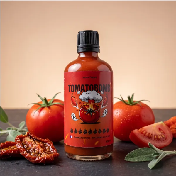 Bouteille de sauce piquante Tomatobomb (9/10) — Inferno Peppers